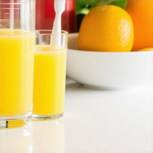 The Dangers of Brushing After Acidic Food Soft toothbrush next to orange juice and fruit illustrating the acid window in dental care.