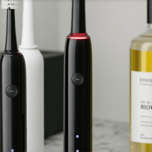 Electric toothbrush with pressure sensor and water flosser on a bathroom counter