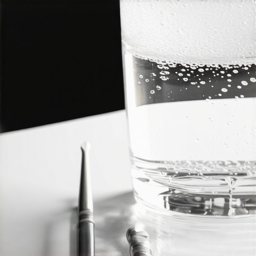 A dental tool next to a glass of carbonated water illustrating enamel erosion risks.