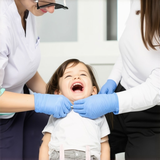 A toddler receiving a dental exam while sitting on his mother's lap.