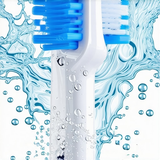 The Power of Sonic Toothbrushing Technology Macro view of a sonic toothbrush head creating hydrodynamic flow with water droplets.