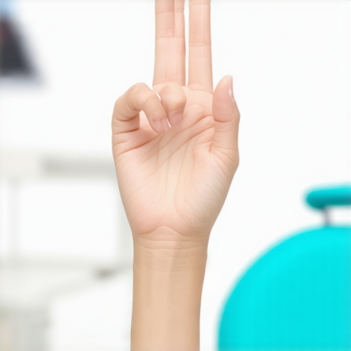 Close up of a patient using a hand signal to communicate with a dentist during a procedure.