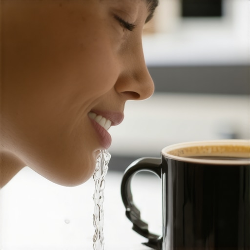 The Power of the Water Rinse Person rinsing their mouth with water next to a coffee cup to protect tooth enamel