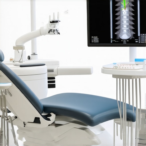 3D CBCT dental scan showing jaw structure and nerve paths on a monitor