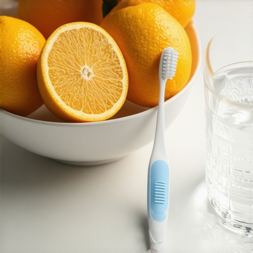 Citrus fruits and a toothbrush on a bathroom counter illustrating the timing of dental hygiene.
