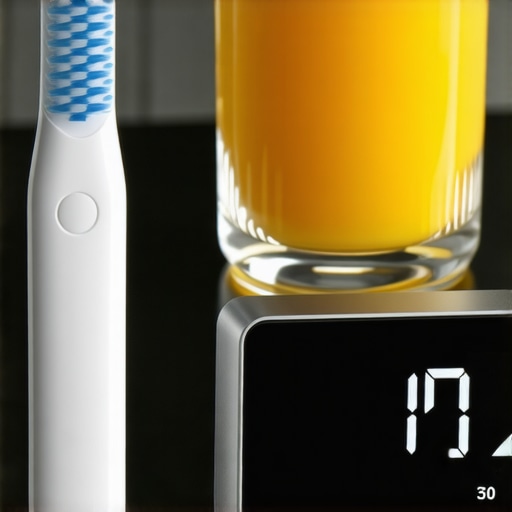 Close up of a toothbrush and orange juice illustrating the waiting period before brushing.