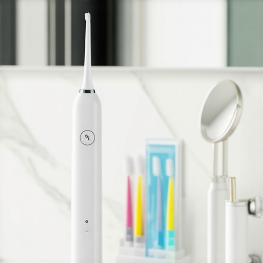 A curated collection of orthodontic cleaning tools including a water flosser and interdental brushes on a bathroom counter.