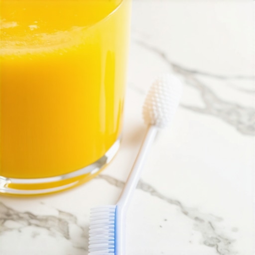 A glass of orange juice and a toothbrush illustrating why brushing immediately after acidic drinks is harmful.