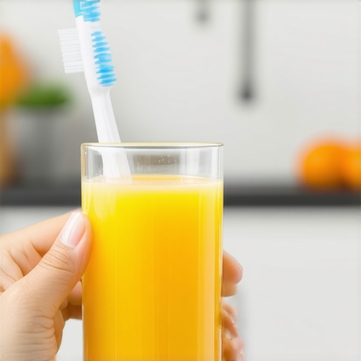 The hidden danger of brushing after acidic drinks A glass of orange juice and a toothbrush illustrating the timing of dental hygiene.
