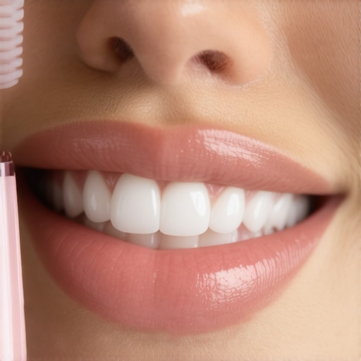 The importance of soft bristles for gum health Close-up of a soft-bristled toothbrush against healthy gums showing gentle cleaning technique.