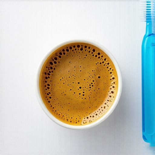 Coffee cup and toothbrush on a wooden table illustrating the dental acid trap