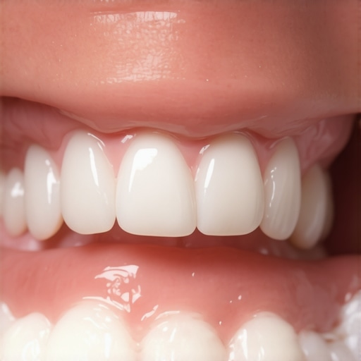A close-up view of crowded toddler teeth being inspected with a dental mirror.