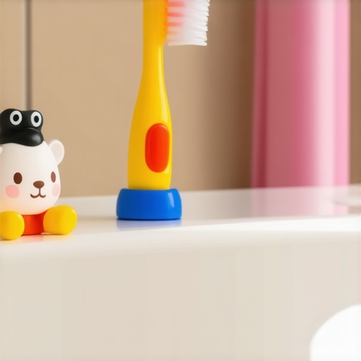 Close up of a sink with a toy used as a target for a toddler to practice spitting toothpaste.