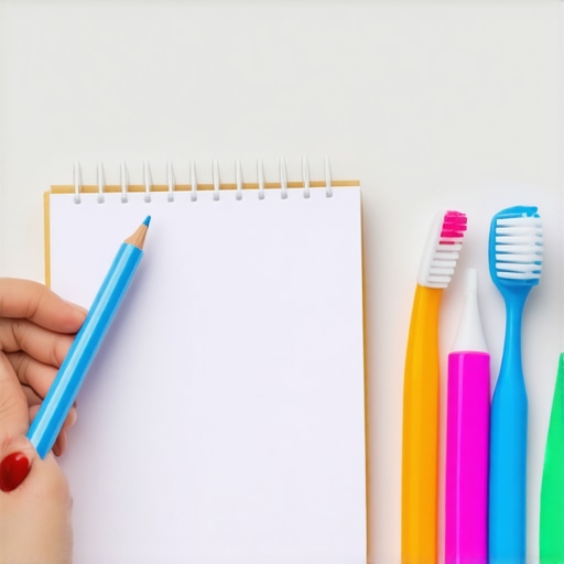 A parent holding a symptom log notebook next to colorful children's toothbrushes on a clean bathroom counter.