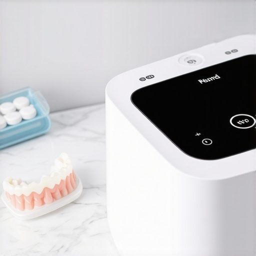 Ultrasonic cleaner for dentures on a bathroom counter