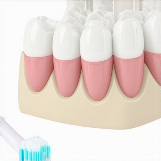 A dental model illustrating the difference between healthy gums and gum recession caused by aggressive brushing.
