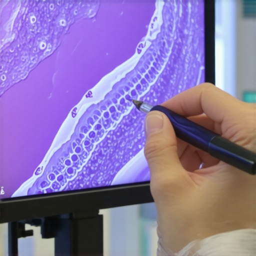 A dental expert explaining the structure of oral biofilm to a patient in a modern dental office.