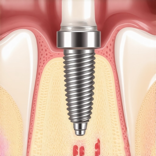 Close-up illustration of a dental implant screw and the surrounding gum tissue showing where peri-implantitis can occur.