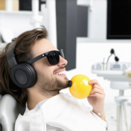 Patient using headphones and sunglasses to reduce dental anxiety during a checkup.
