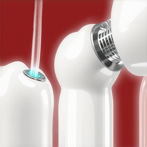 A person using a water flosser to clean around a dental implant crown at the gum line.
