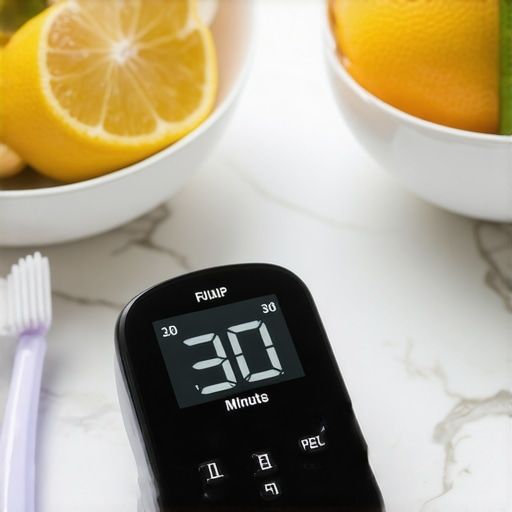 A timer next to fruit and a toothbrush illustrating the rule to wait after eating before brushing.